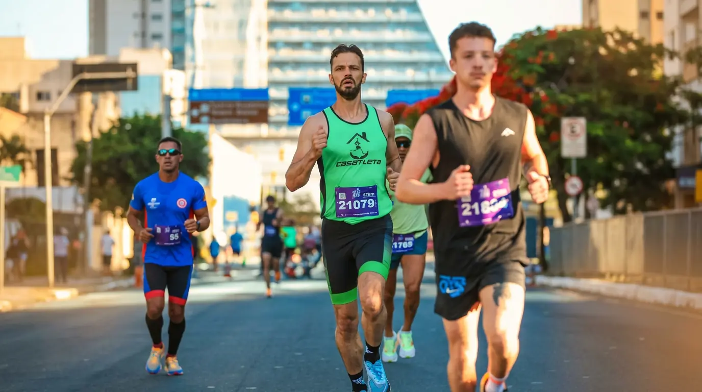 Atletas da Casa Atleta competindo em uma prova de rua, com expressão de esforço e foco