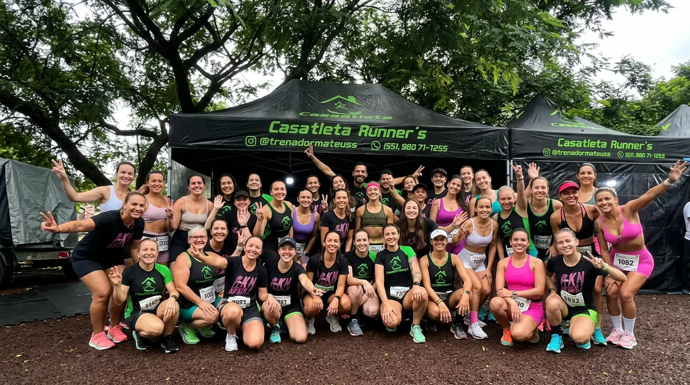 Equipe Casa Atleta Runners reunida após treino, sorrindo e comemorando